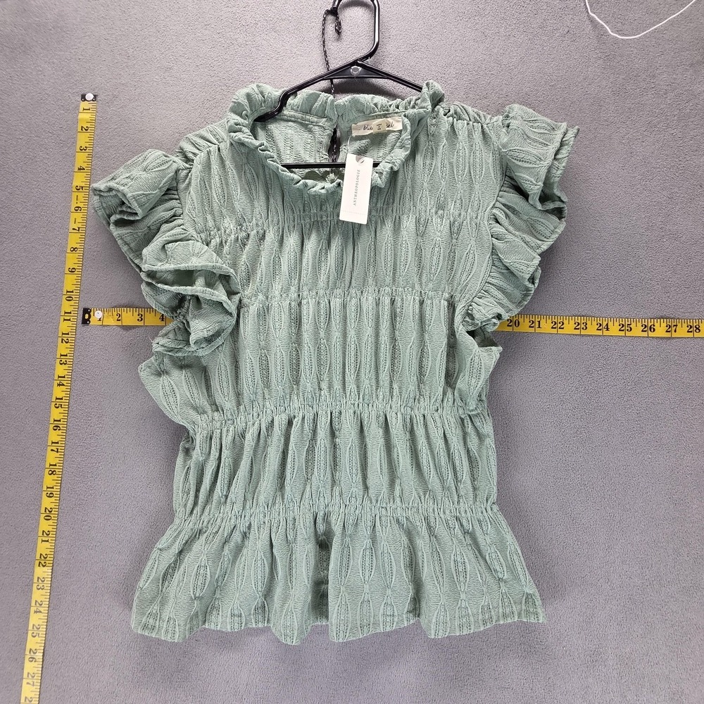 Blue Tassel Blouse Womens M Green Anthropologie‎ Mint Ruffle Mock Neck Flutter